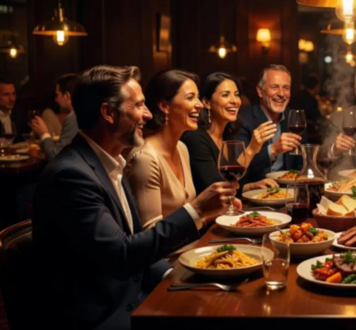 Gosti restorana Casino Tomic uživaju u večeri i razgovoru za elegantno postavljenim stolom.