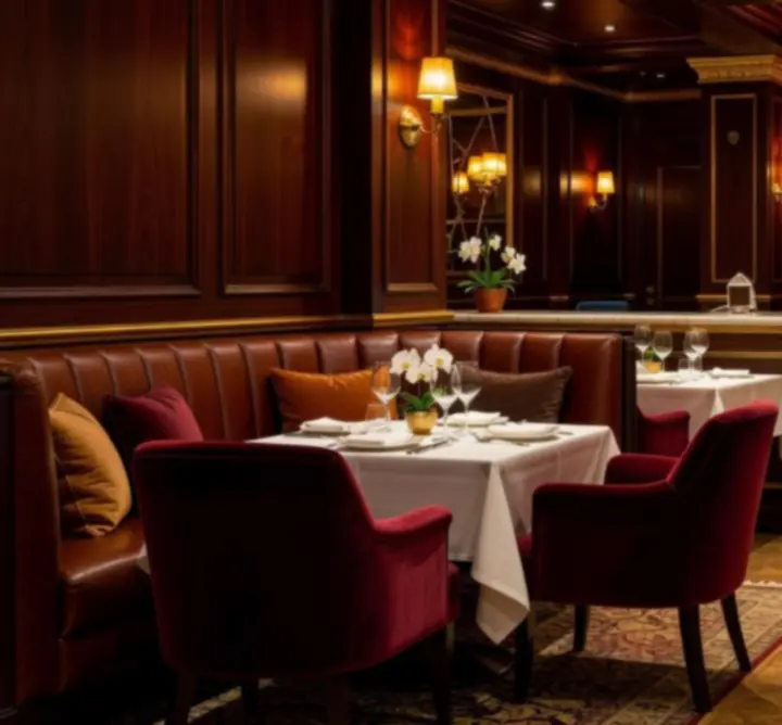 Interijer restorana Casino Tomic s elegantnim stolovima, toplom rasvjetom i lounge atmosferom.