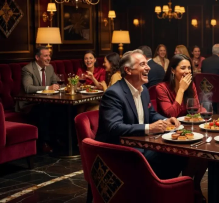 Gosti u Casino Tomicu uživaju u druženju za elegantnim stolovima u toplom lounge okruženju.